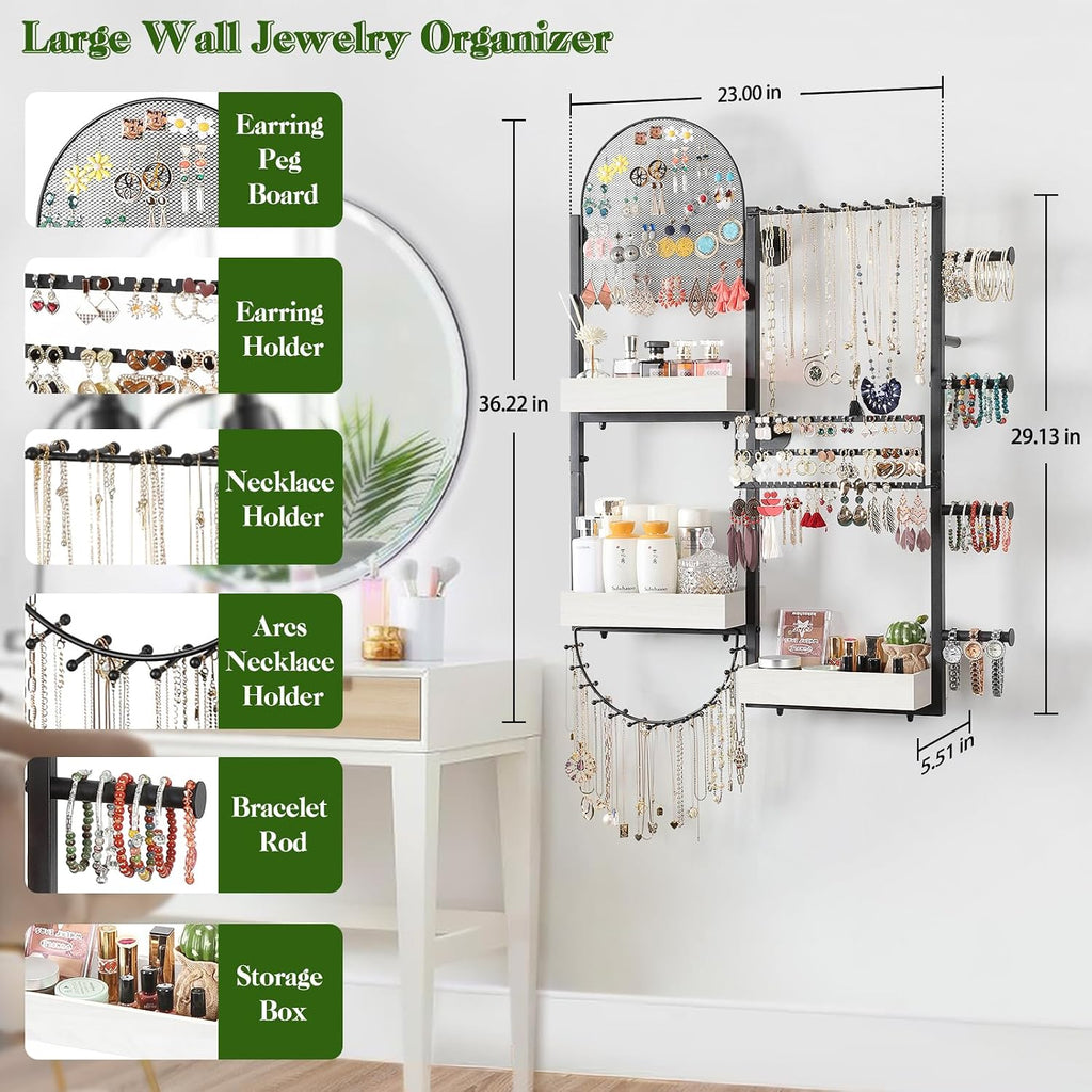 Keebofly Wall Mount Hanging Jewelry Organizer - Large Display Holder for Earrings, Rings, Necklaces, Bracelets, Watches and Perfume - White