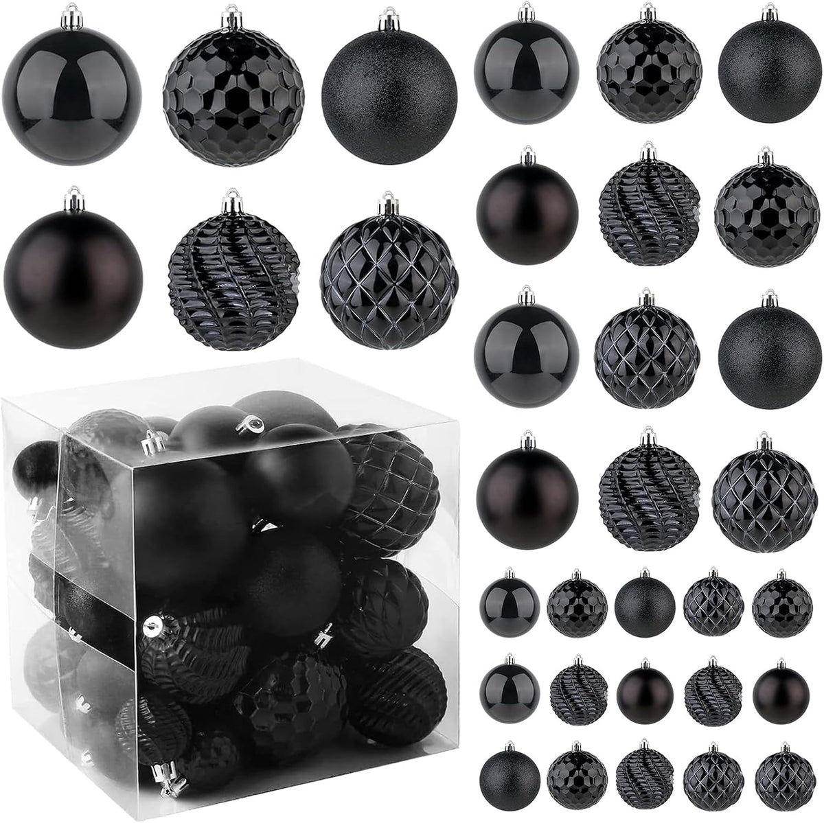 Christmas Balls Ornaments -36pcs Shatterproof Christmas Tree Decorations with Hanging Loop for Xmas Tree Wedding Holiday Party Home Decor,6 Styles in 3 Sizes(Black)