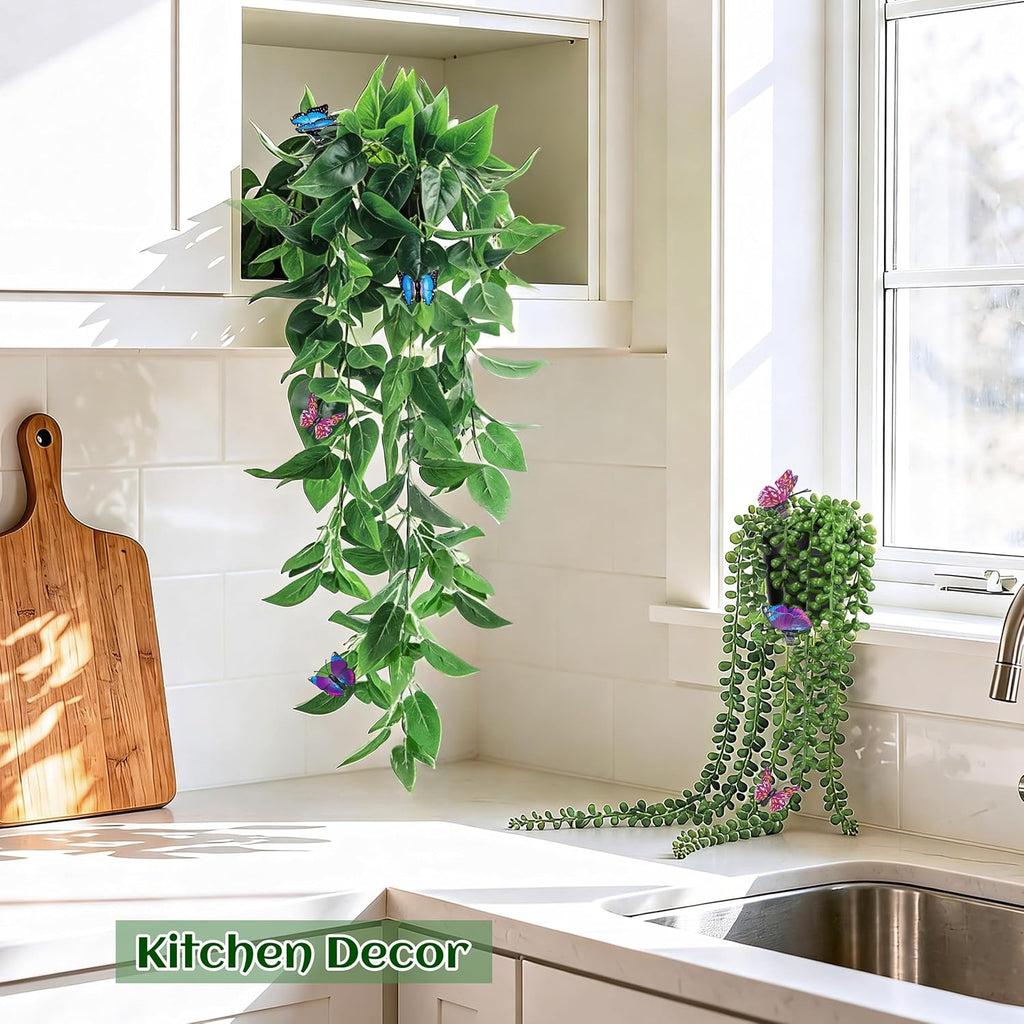 Der Rose 4 Pcs Fake Hanging Plants with Butterflies for Shelf Wall Decor