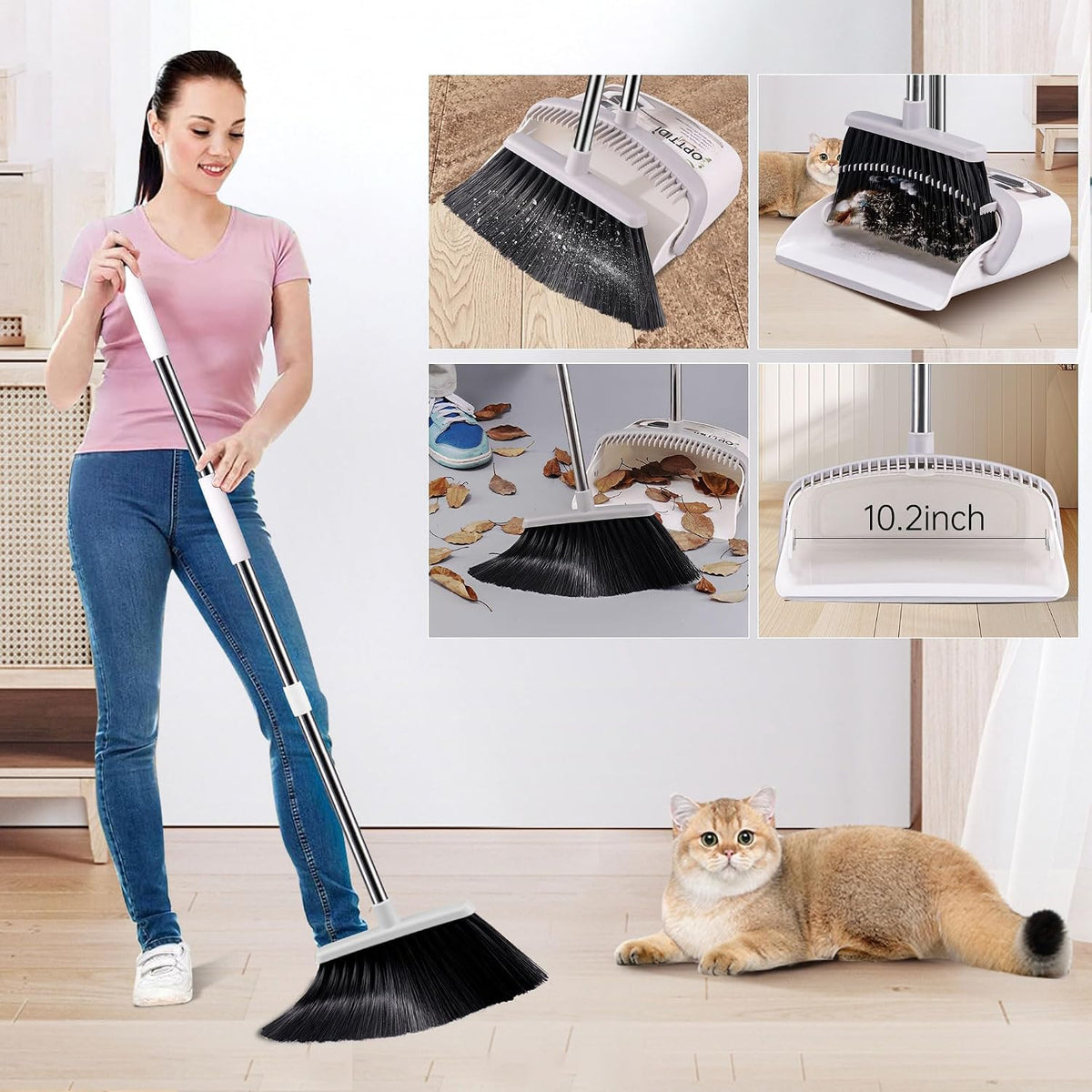 Broom with Dustpan Combo Set, Hand Broom and Dustpan Set for Sweeping Indoor Angle Broom for Home Office Kitchen Lobby Floor Pet Hair Indoor&Outdoor Cleaning (White&Gray)