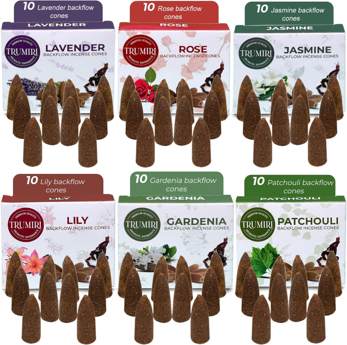 Floral - Backflow Incense Cones for Waterfall - Scented Inscents-Cones - Lavender, Jasmine, Rose, Patchouli, Lily, Gardenia - Insiensos Aromaticos - 6x10=60 Large Variety Pack
