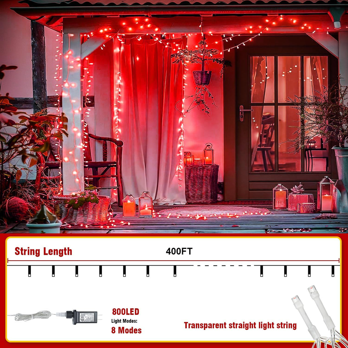 400FT Red LED Fairy Lights, Christmas String Lights with Remote, 8 Lighting Modes, Waterproof Plug-in Lights for Valentine, Halloween, Fireplace, Banister, Restaurant, Bar, Shop Display