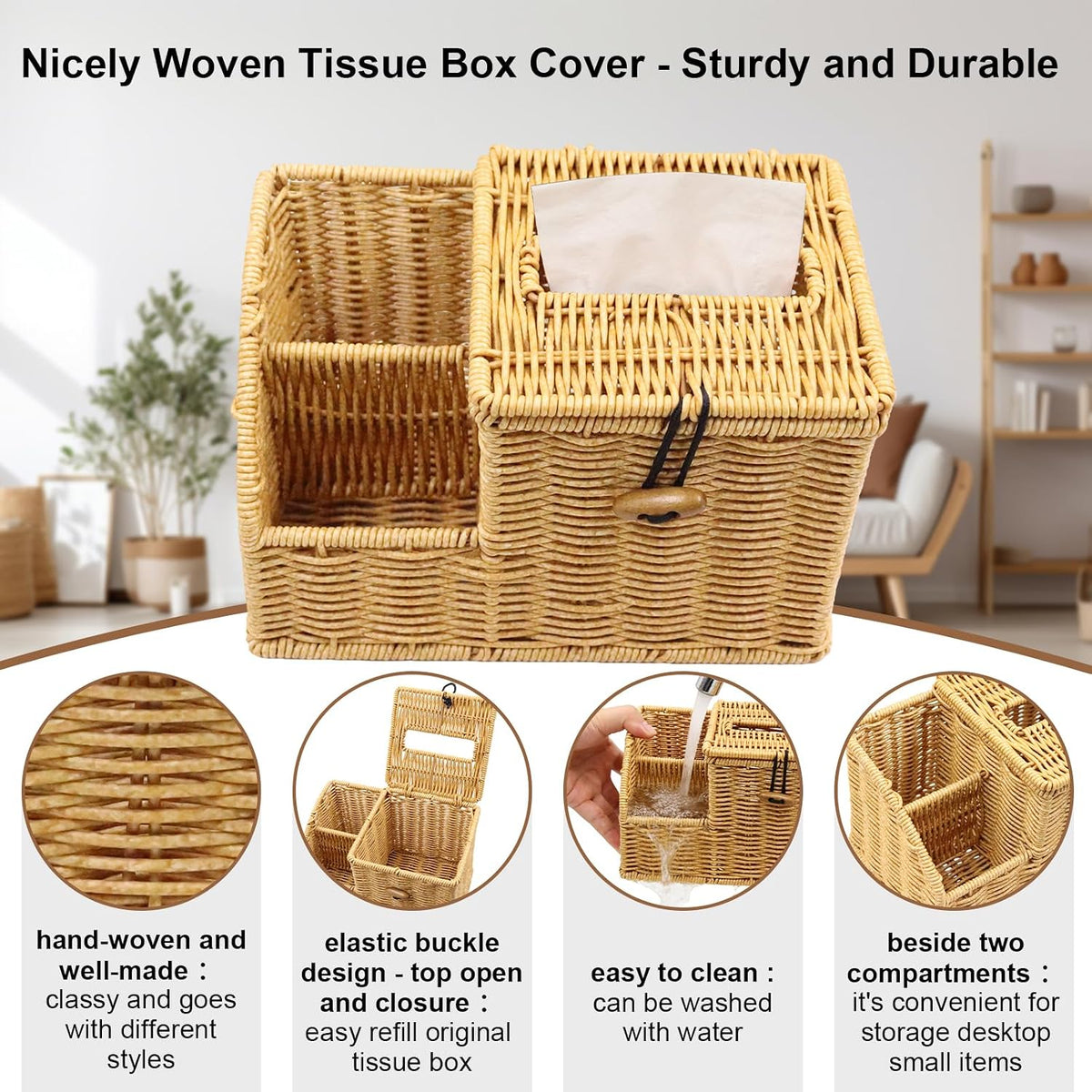 Tissue Box Cover Square, Cube Tissue Box Holder, Tissue Box Cover and Storage, Wicker Tissue Box Holder with Remote Organizer, Bedside Nightstand Organizer for Bedroom/Bathroom/Office/Countertop