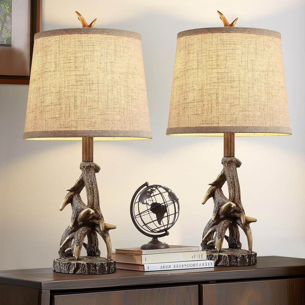 23'' Rustic Farmhouse Table Lamps Set of 2 Deer Antler Lamps for Bedroom Nightstand Lamp Western Cabin Side Lamp for Living Room End Table Study Room Desk,Brown