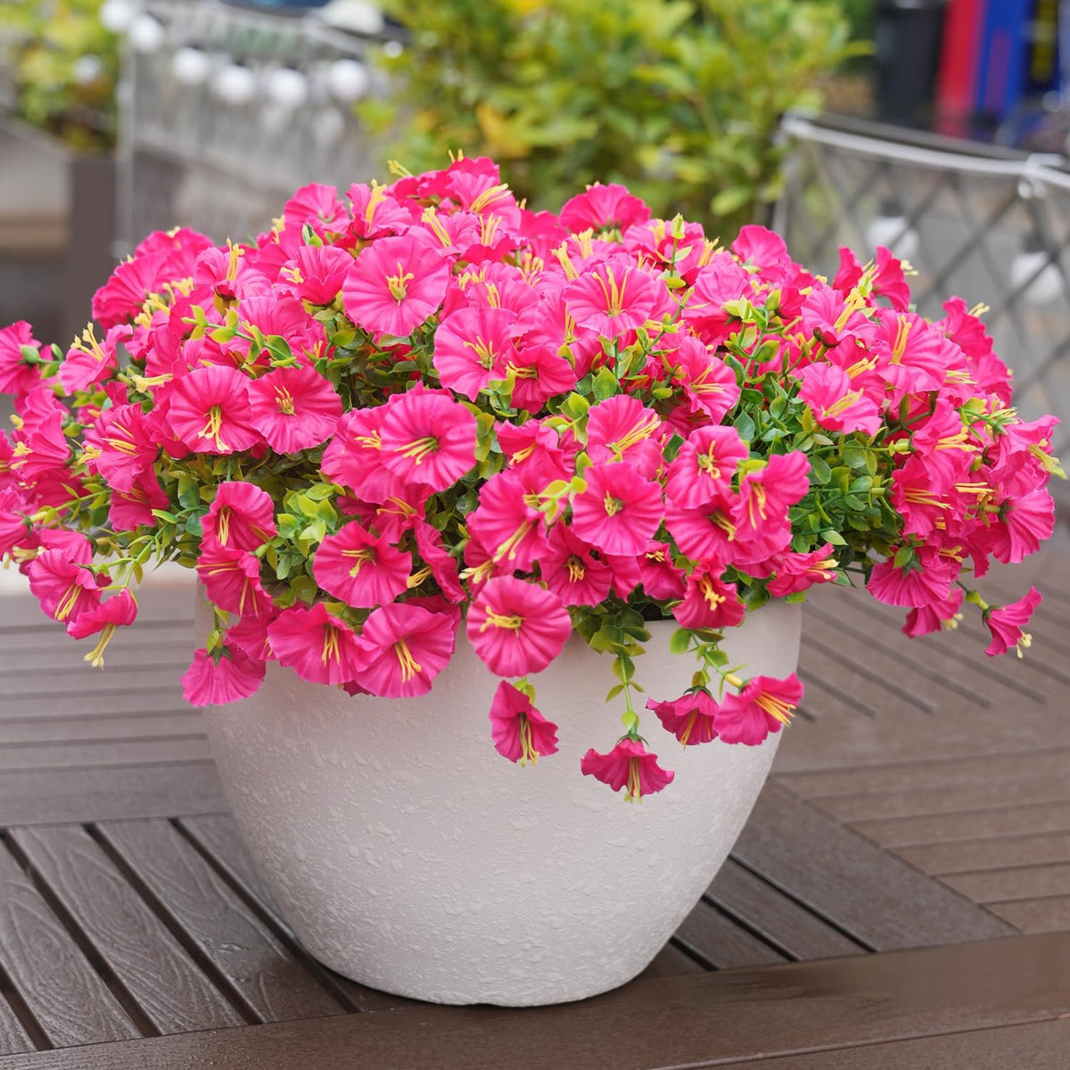 Artificial Flowers for Outdoors, UV Resistant Fake Silk Morning Glory, Realistic Faux Plants for Outside Porch Patio Window Box Hanging Planter (12, Hot Pink)