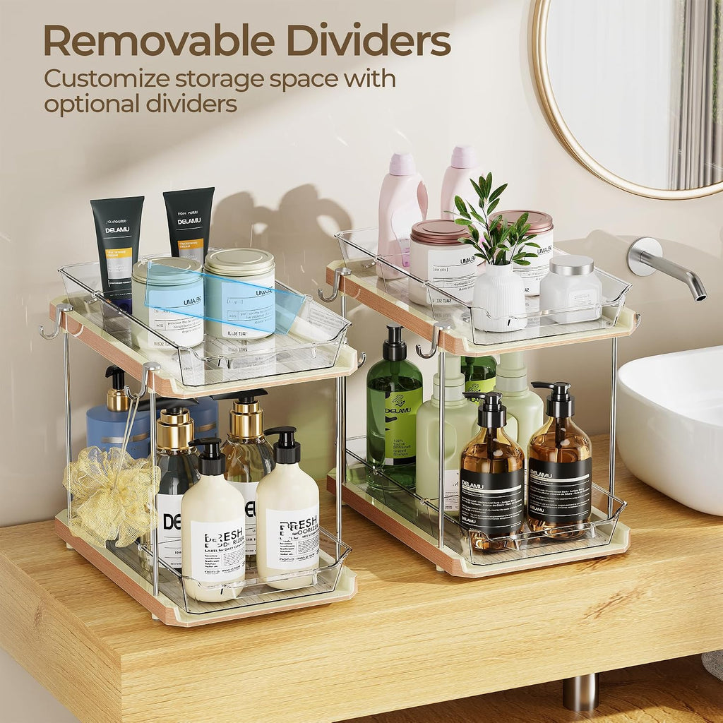 Delamu 2 Tier Under Sink Organizer Bathroom, Bathroom Cabinet Organizer with Snap-Lock Design and Hooks, Pull Out Storage with Movable Dividers, for Countertop, Kitchen and Pantry (White, 4 Pack)