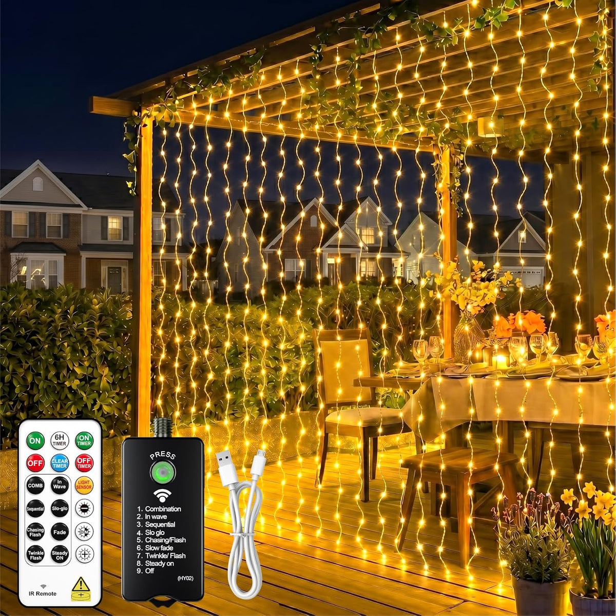 HXWEIYE Rechargeable 300LED Curtain Lights Battery Powered,9.8x9.8Ft,Remote