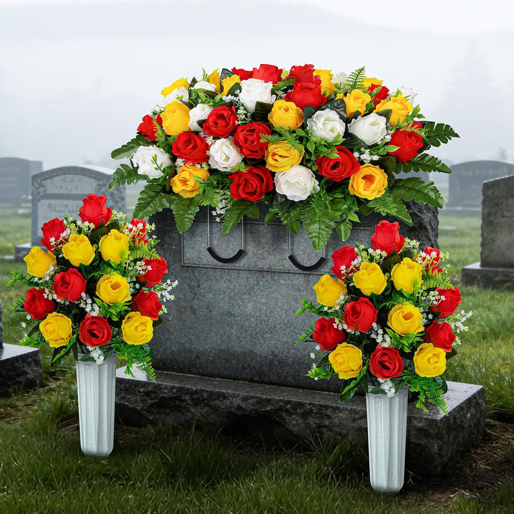 XONOR Artificial Cemetery Flower Saddles, Cemetery Memorial Flowers with Vase for Grave Tombstone Decorations (Yellow Red White)