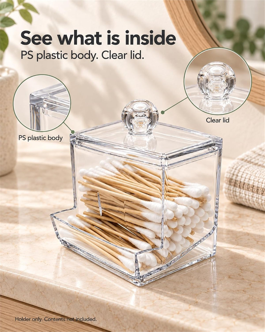 Cotton Swab Holder with Lid, Clear Plastic Swab Dispenser Jar