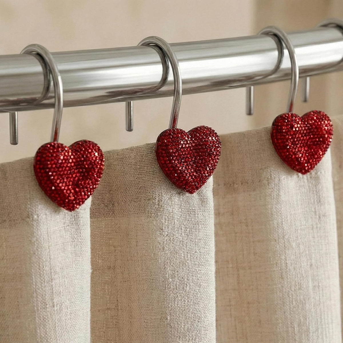 Red Bling Shower Curtain Hooks: Cute Heart Bathroom Curtain Rings, 12Pcs