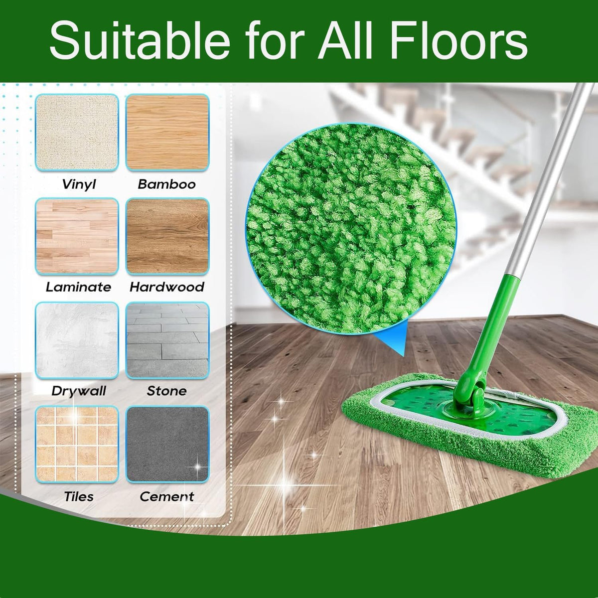 Reusable Microfiber Mop Pads for Swiffer Sweeper(Green 6pcs)