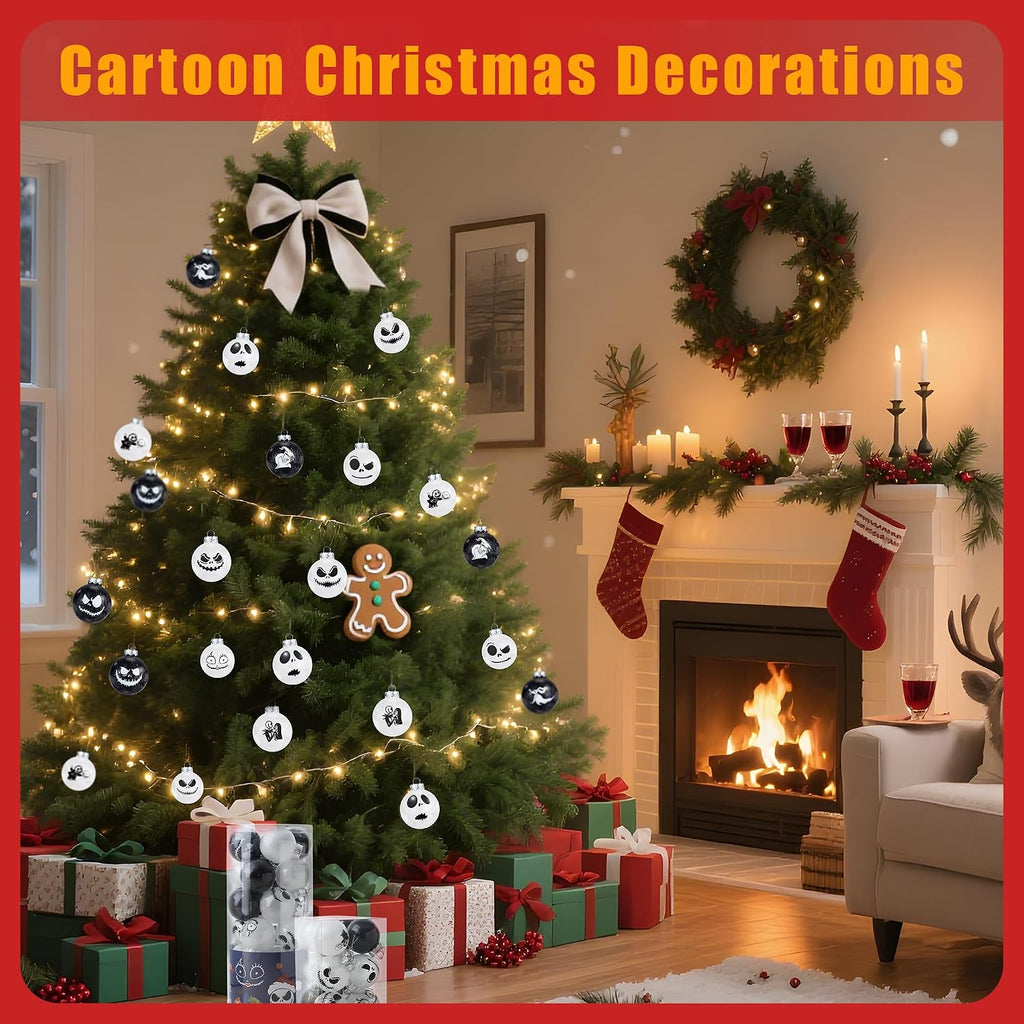 Nightmare Christmas Ball Ornaments Set, Skull Pattern Jack White and Black Xmas Tree Decorations, Plastic Shatterproof Hanging Balls Halloween Decor, 2.36”/60mm (24, White and Black)