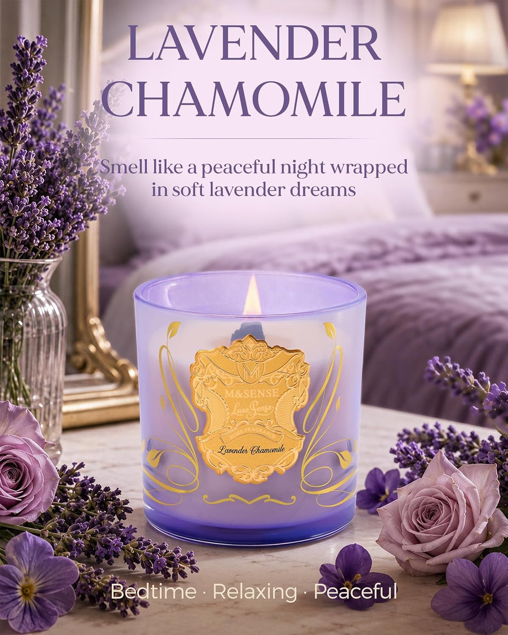 M&SENSE Lavender Chamomile Candle for Home Scented Crackling Wood Wick 13oz