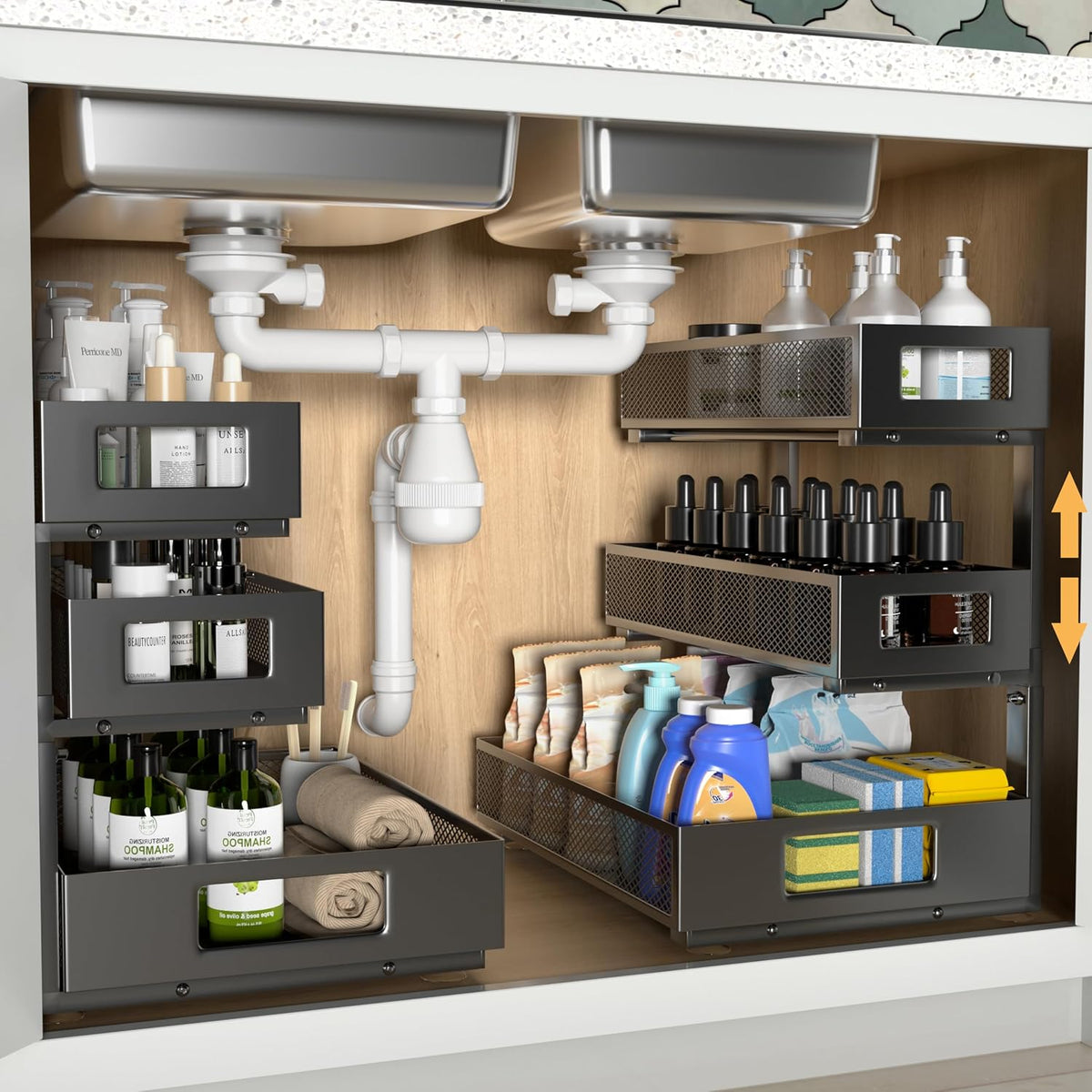 Under Sink Organizer, 3-Tier Height Adjustable Pull Out Cabinet Organizer