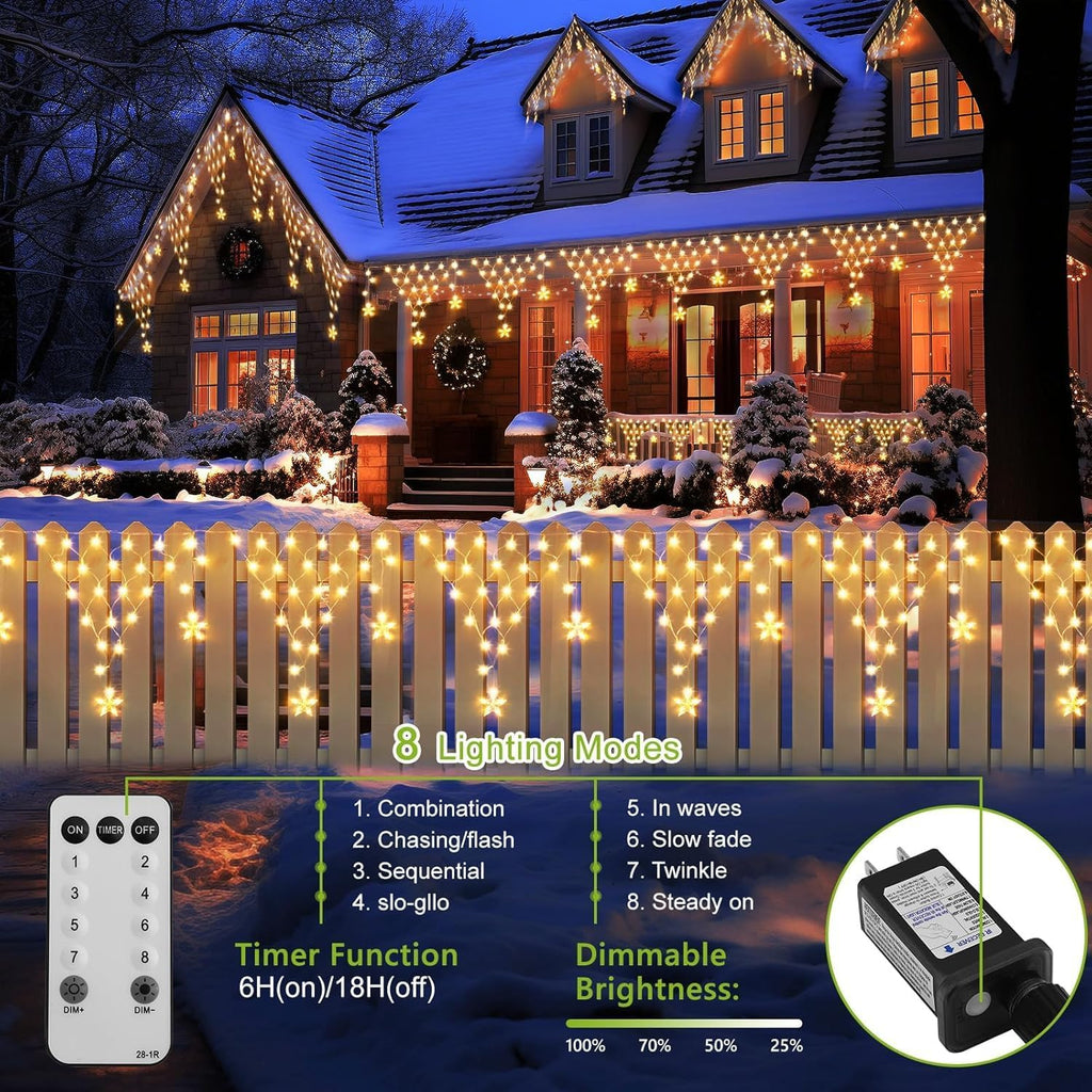 DANLI Christmas Lights Outdoor 13.8ft 218 LED Connectable String Lights with 11 Drops, Window Curtain Fairy Light with 8 Modes for Garden Eaves Wedding Party Holiday Christmas Decorations