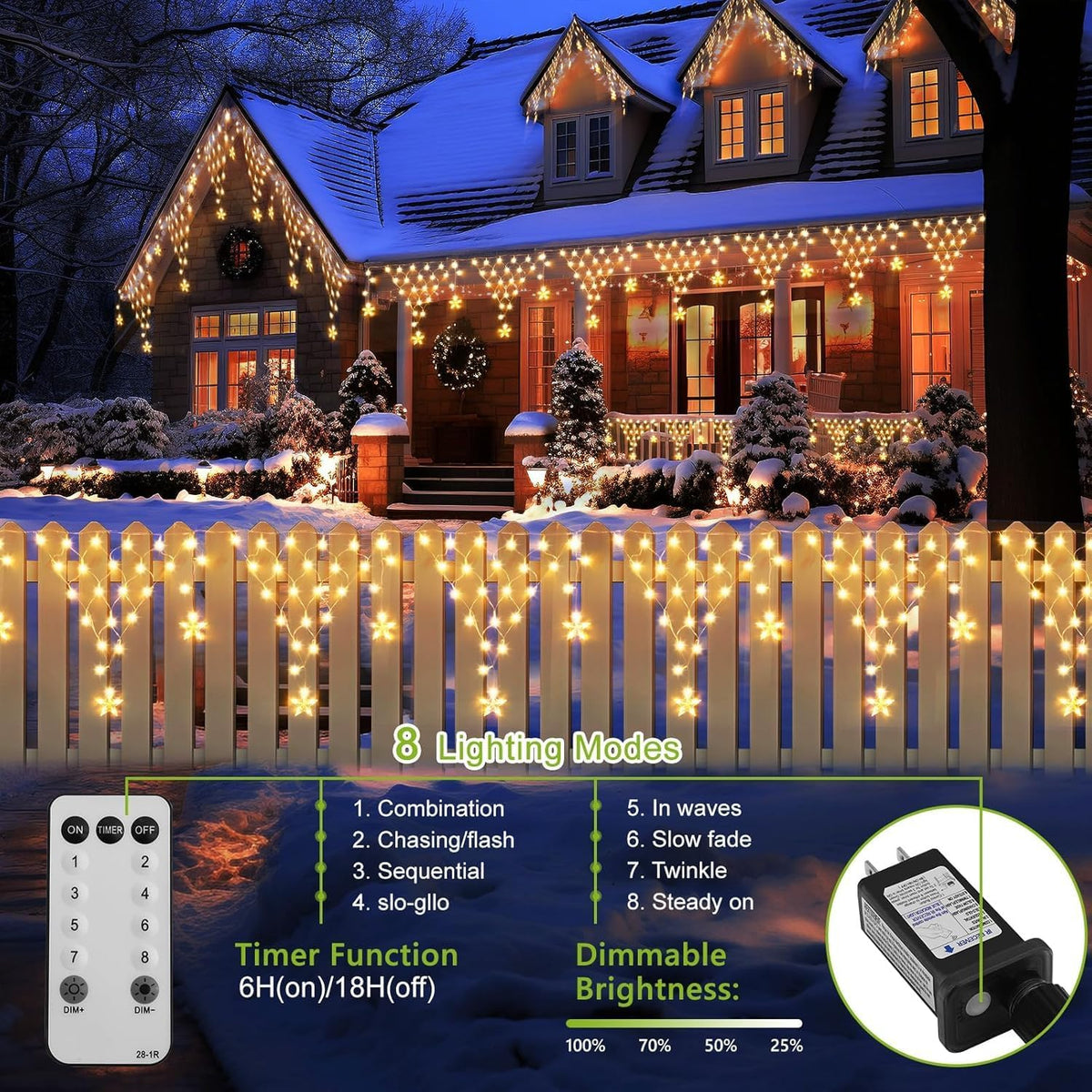 DANLI Christmas Lights Outdoor 13.8ft 218 LED Connectable String Lights with 11 Drops, Window Curtain Fairy Light with 8 Modes for Garden Eaves Wedding Party Holiday Christmas Decorations