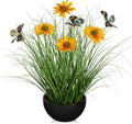 Artificial Plants Indoor with Pot, 17.3" Fake Potted Plants Artificial Onion Grass Plant with Yellow Daisies Flowers and Butterflies Small Faux Plant Indoor for Home Living Room Table Shelf Decor