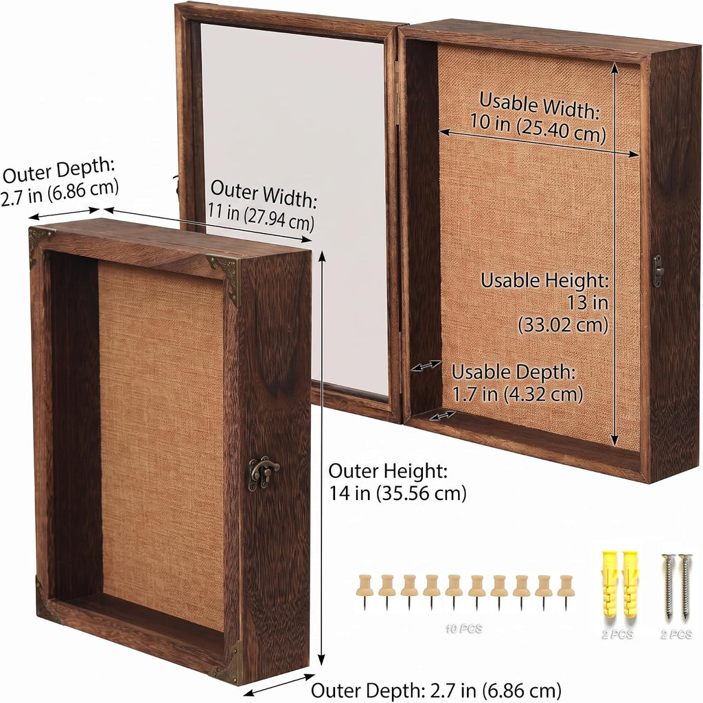 Shadow Box Frame 11x14 with Glass Door, Solid Wood Display Case, Rustic Memory Box with Vintage Lock for Wedding Bouquet, Medals, Photos, Military Memorabilia & Keepsakes