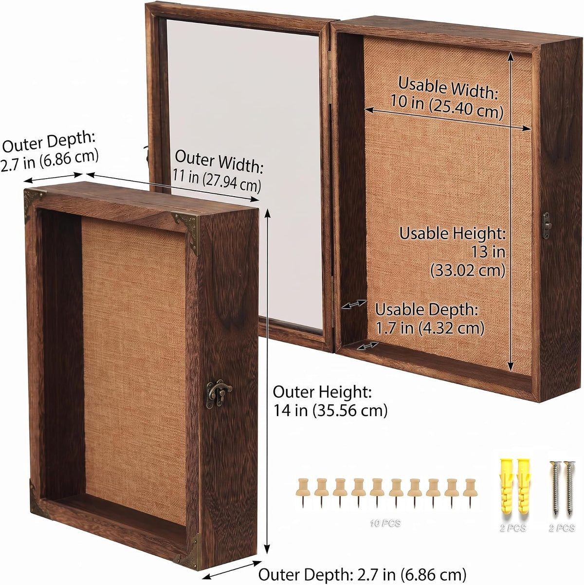 Shadow Box Frame 11x14 with Glass Door, Solid Wood Display Case, Rustic Memory Box with Vintage Lock for Wedding Bouquet, Medals, Photos, Military Memorabilia & Keepsakes