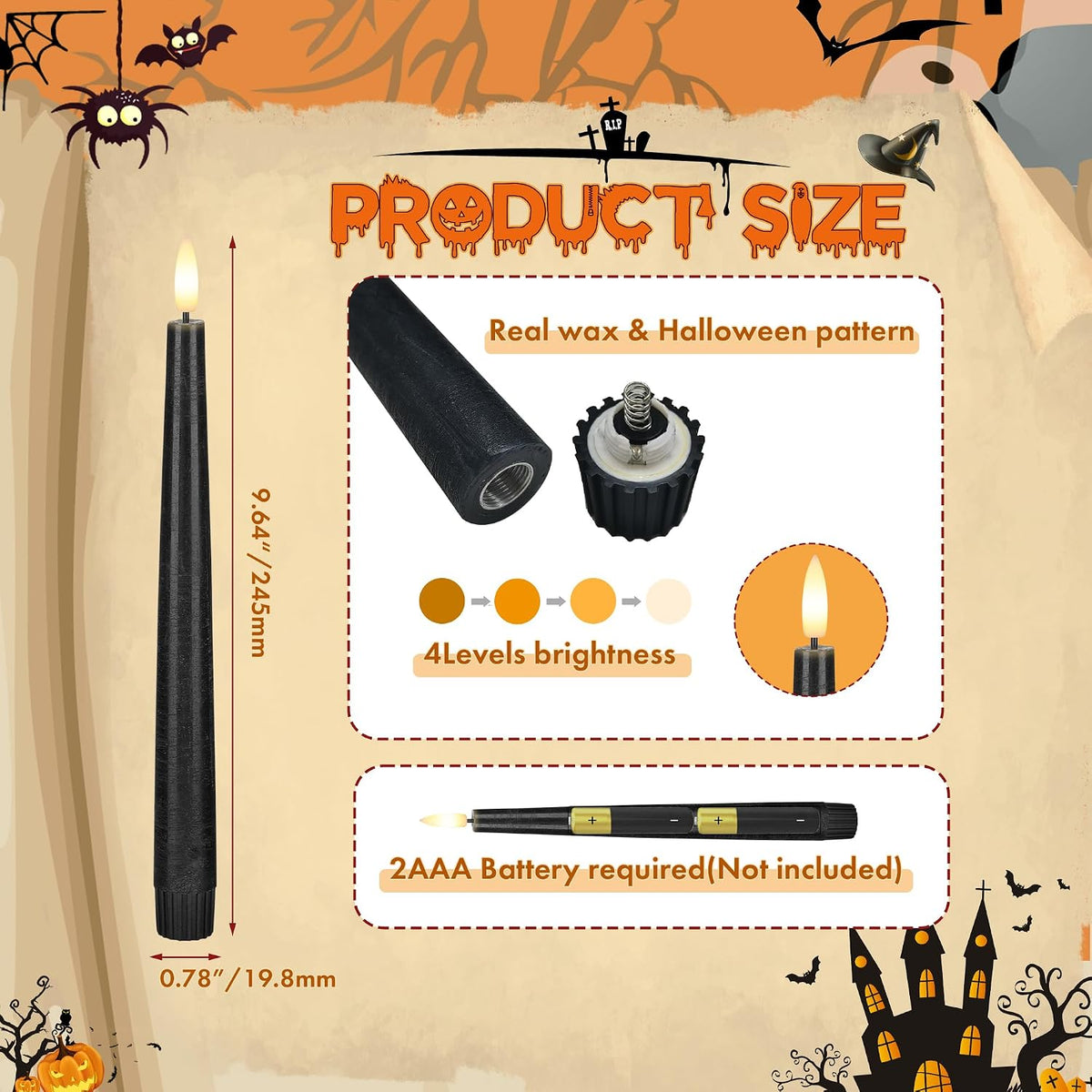 Black Flameless Candles with Remote, Halloween Taper Candles Decor, 3 Pack