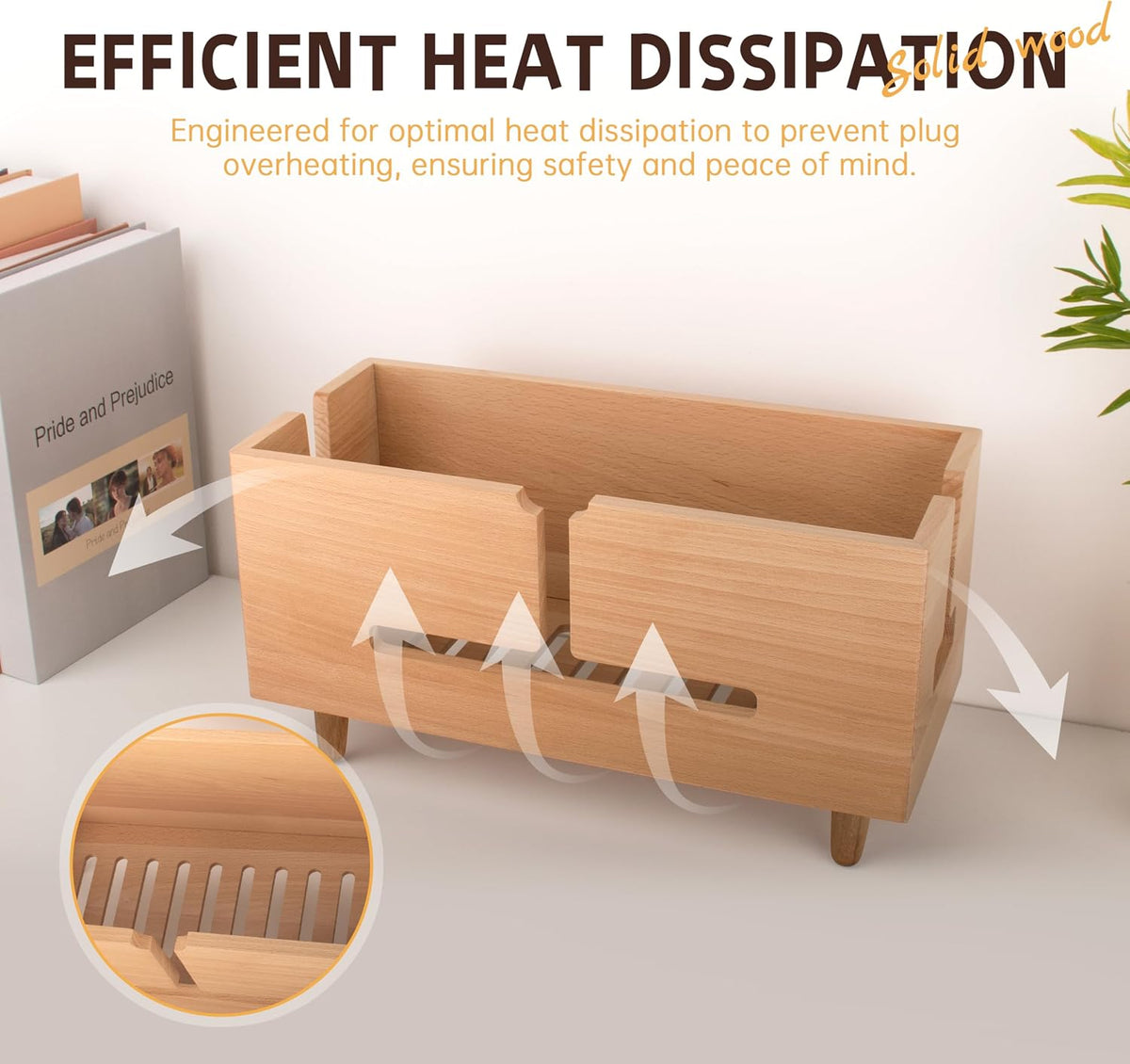Natural Beechwood Large Cable Management Box for Power Strip & Cord Hider