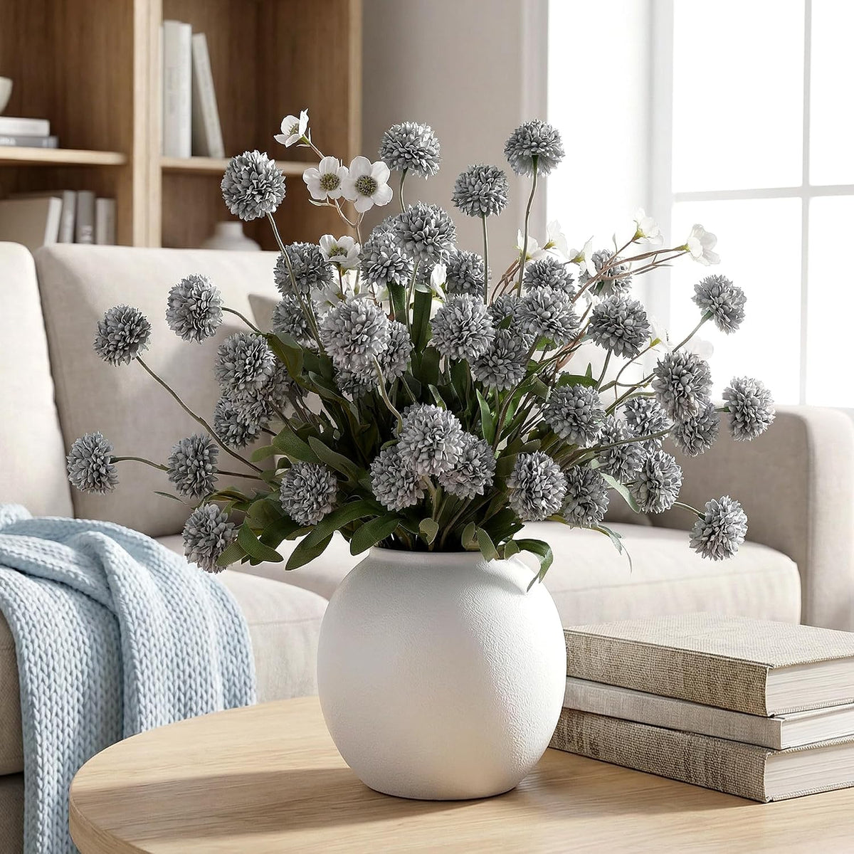 Mixed 10 Pcs Artificial Pompon Mum Set-8 Chrysanthemum & 2 White Daisy, Blue Silk Faux Flower for Vase Fall Floral Arrangements Wedding Centerpiece DIY Home Indoor Outdoor Decor (No Vase)