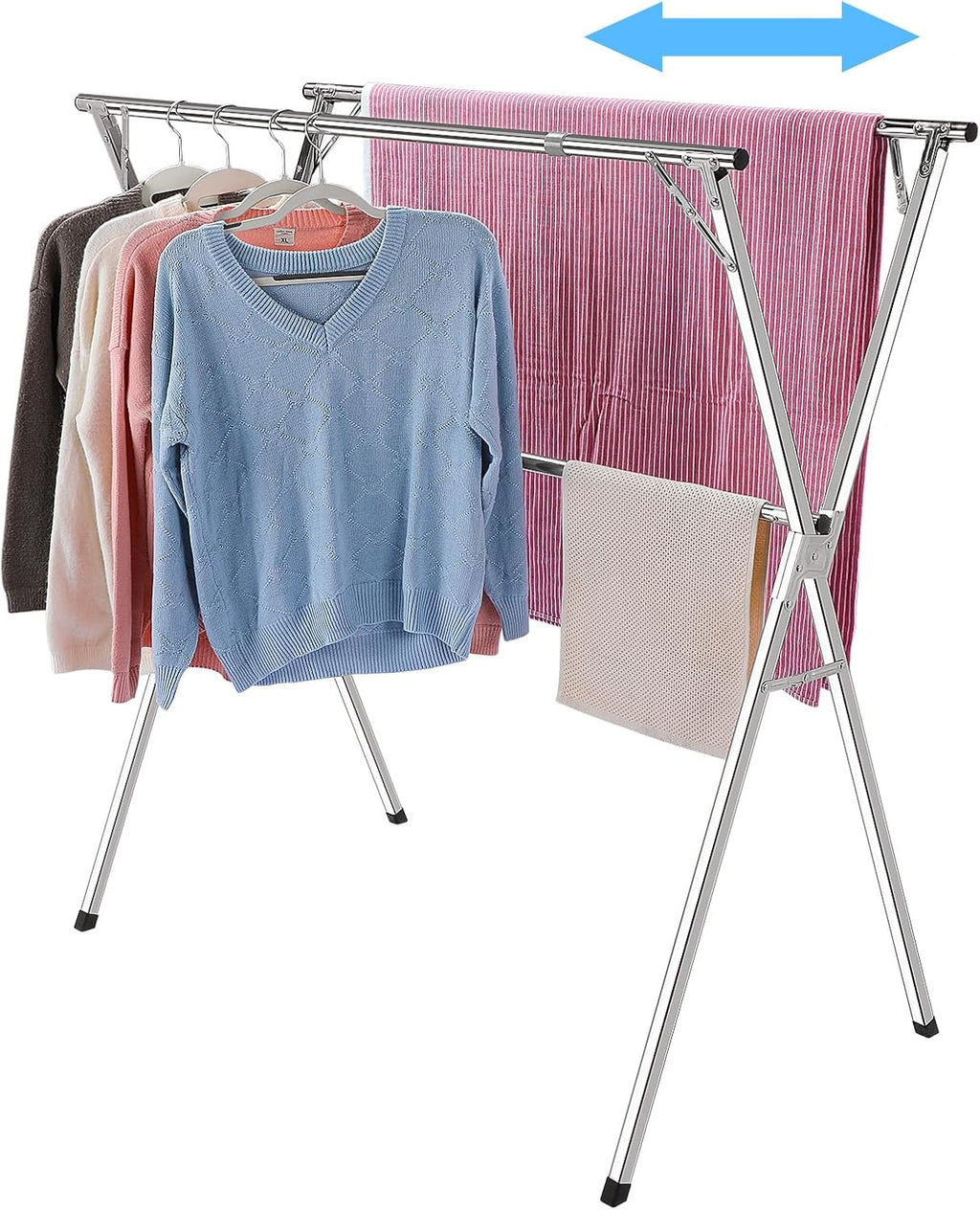 funest Drying Rack Clothing, 79 Inches Adjustble & Foldable Laundry Drying Rack, Heavy Duty Stainless Steel Clothes Drying Rack with 20 Hooks, 12 Clips, Suitable for Indoor, Outdoor and Balcony