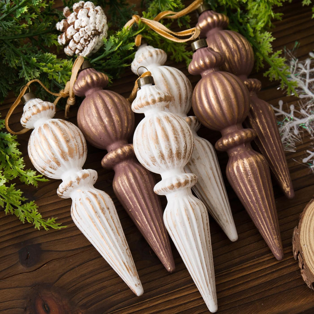 Vintage Finial Christmas Ornaments, 6Pcs Neutral Shatterproof Xmas Tree Ornaments(Classic Color)