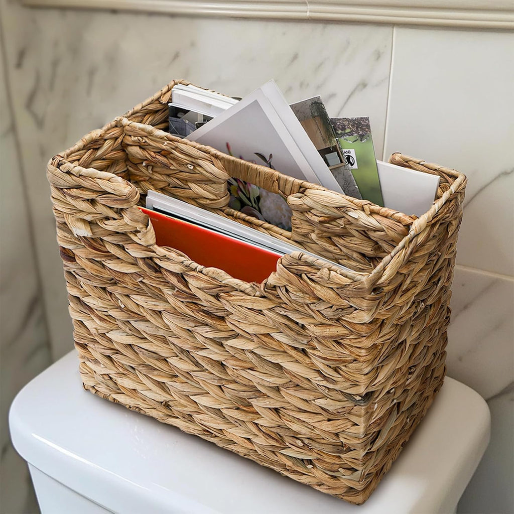 Yesland Hand-Woven Magazine Basket 14.5"x8"x11.75" - Natural Water Hyacinth Wicker Storage Organizer with Handle, 2 Compartments for Home Office Desk