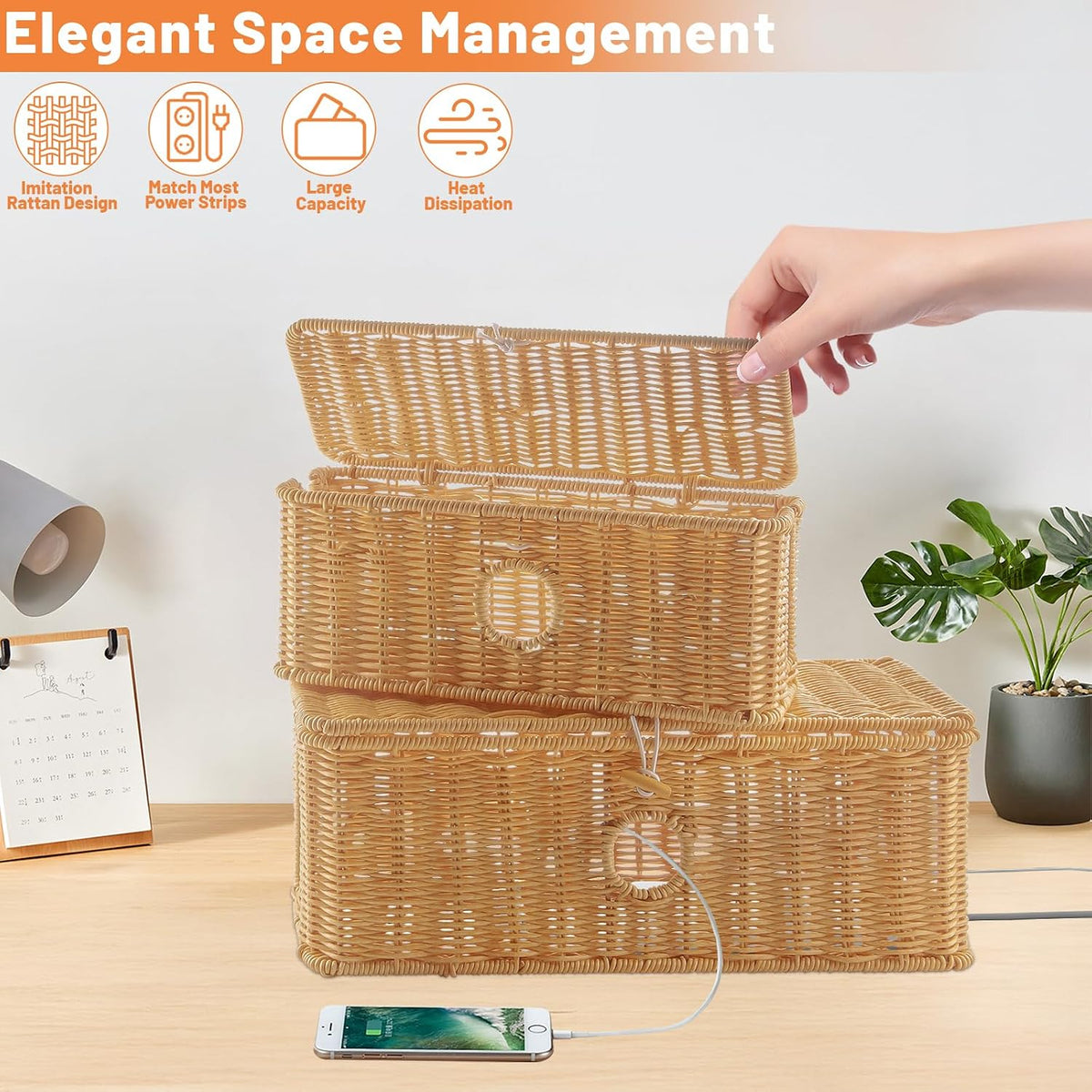 2 Pcs Handmade Cable Management Boxes Rattan Cable Organizer Large & Medium Cord Hider Organizer Boxes Power Strip Boxes Locked Cover with 2 Open Slots for Home and Workplace