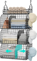 HapiRm Hanging Closet Organizer Storage - 4 Tier Metal Stackable Hanging Closet Shelves with Dividers and S Hooks, Foldable Clothes Shelves for Clothes, Pants, Shoes, Coat, Hats Clutches Accessories