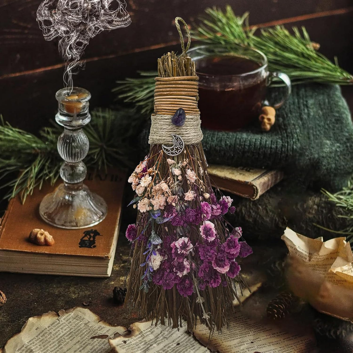 Cinnamon Broom 7.5 Inch Witch Broom for Altar Witchy Gift (Purple)