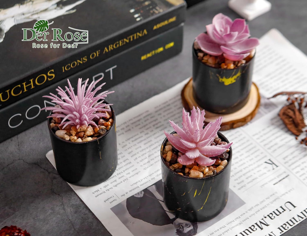 Der Rose 3 Pack Mini Fake Plants in Black Pots for Office Desk Accessorise