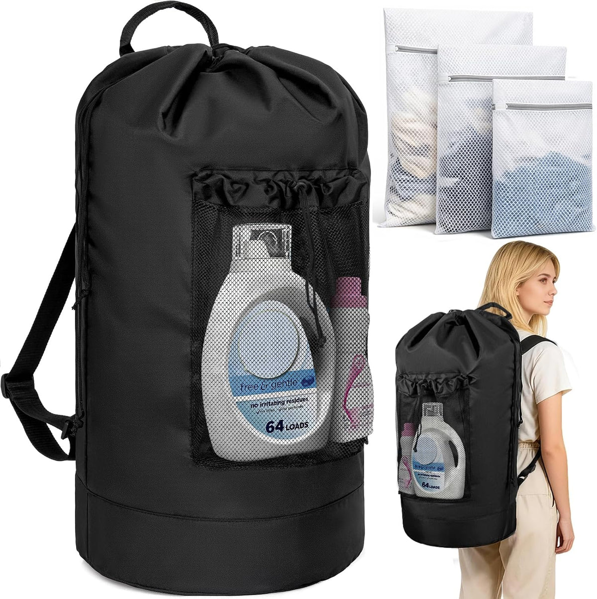 150L Laundry Bag Backpack with 3 Sizes Mesh Wash Bags and Shoulder Straps