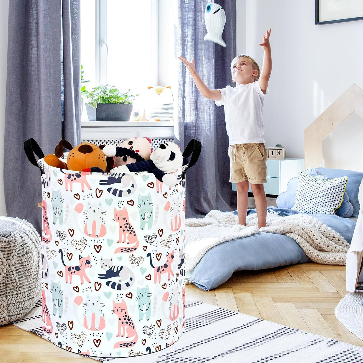 Kids Laundry Hamper Clothes Gift Basket Storage Laundry Baskets Organizer Bin with Handles for Nursery Room (Cat)