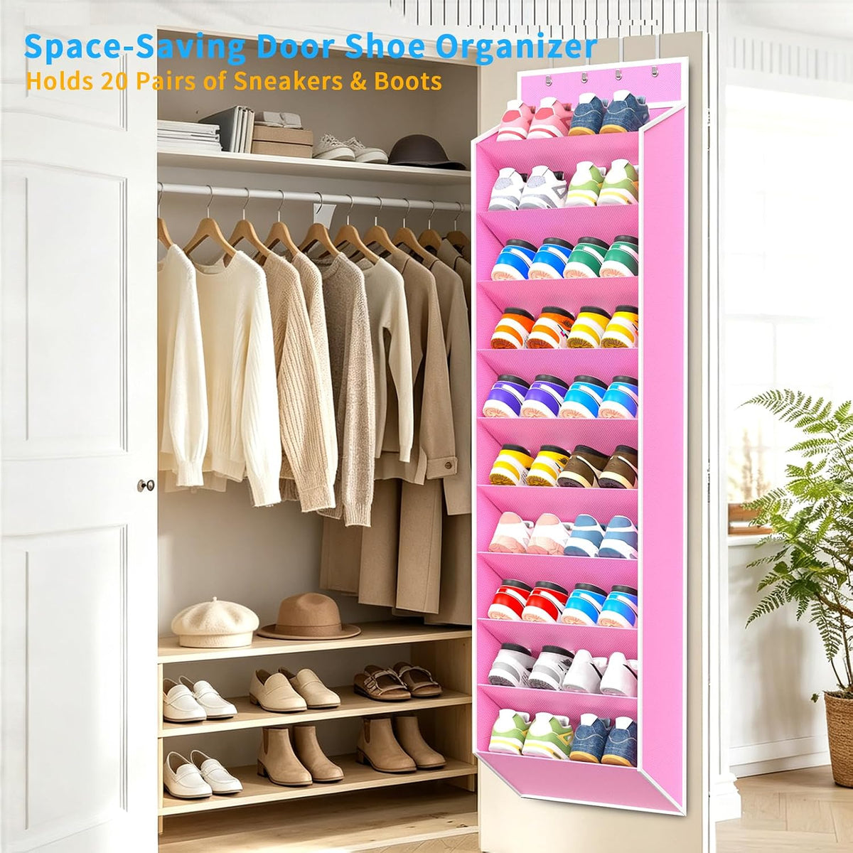 REGELETO 10-Tier Over the Door Shoe Organizer, Hanging Shoe Rack Holder with Deep Pockets for Sneakers Boots, Fits 20 Pairs Non-Woven Fabric with Stainless Steel Hooks. (Pink)