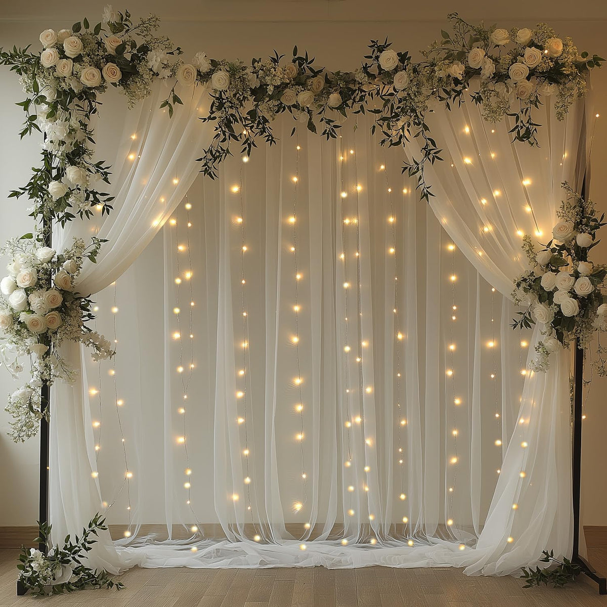 White Tulle Backdrop Curtain with Lights String 10x8ft Sheer Drapes for Wedding, Birthday, Baby Shower, Bridal Shower, Photo Booth, Party, Home Decor (2 Panels, White)