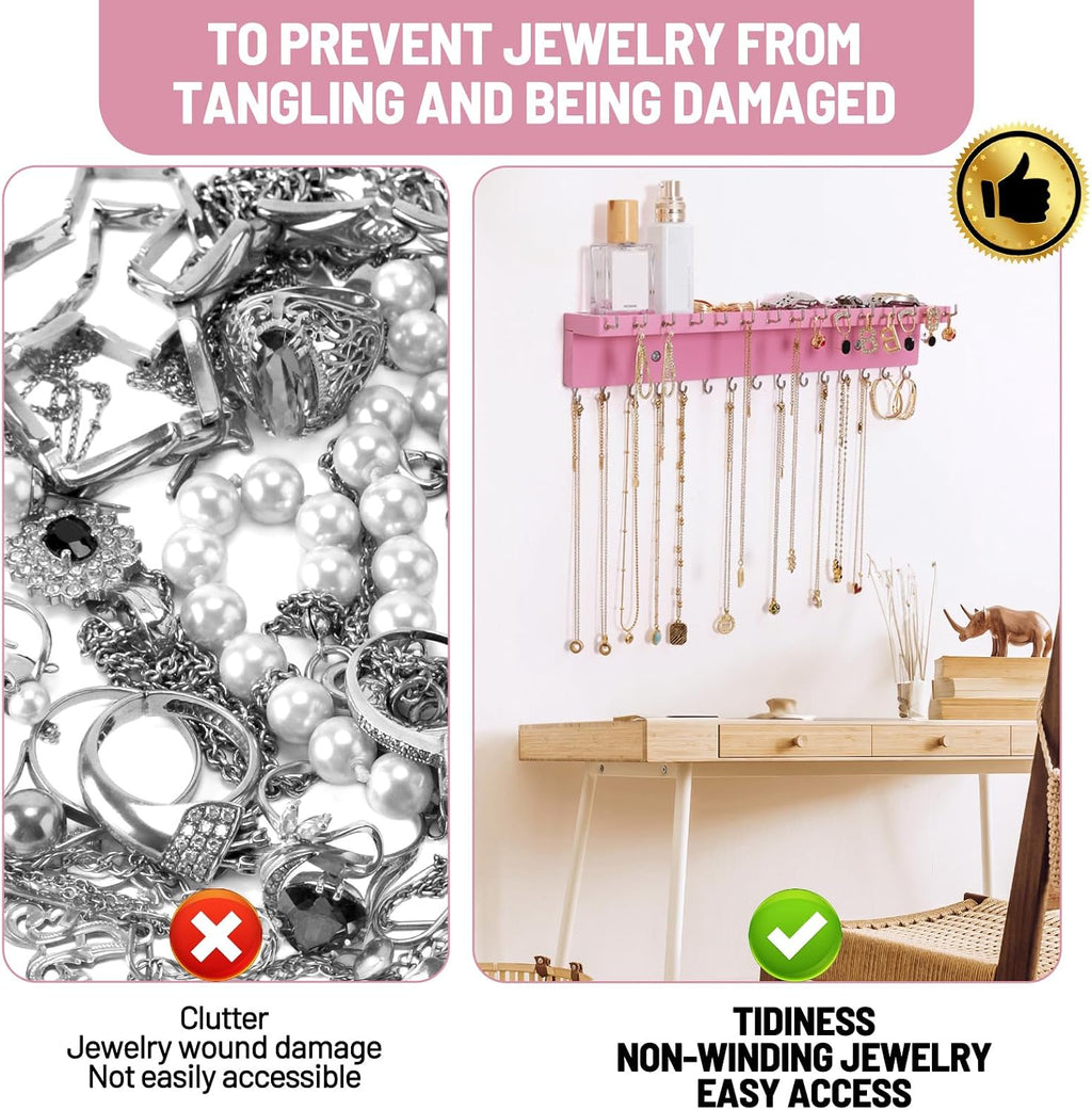 Necklace Holder Wall Mount,Jewelry Organizer with 30 Hooks,Pink