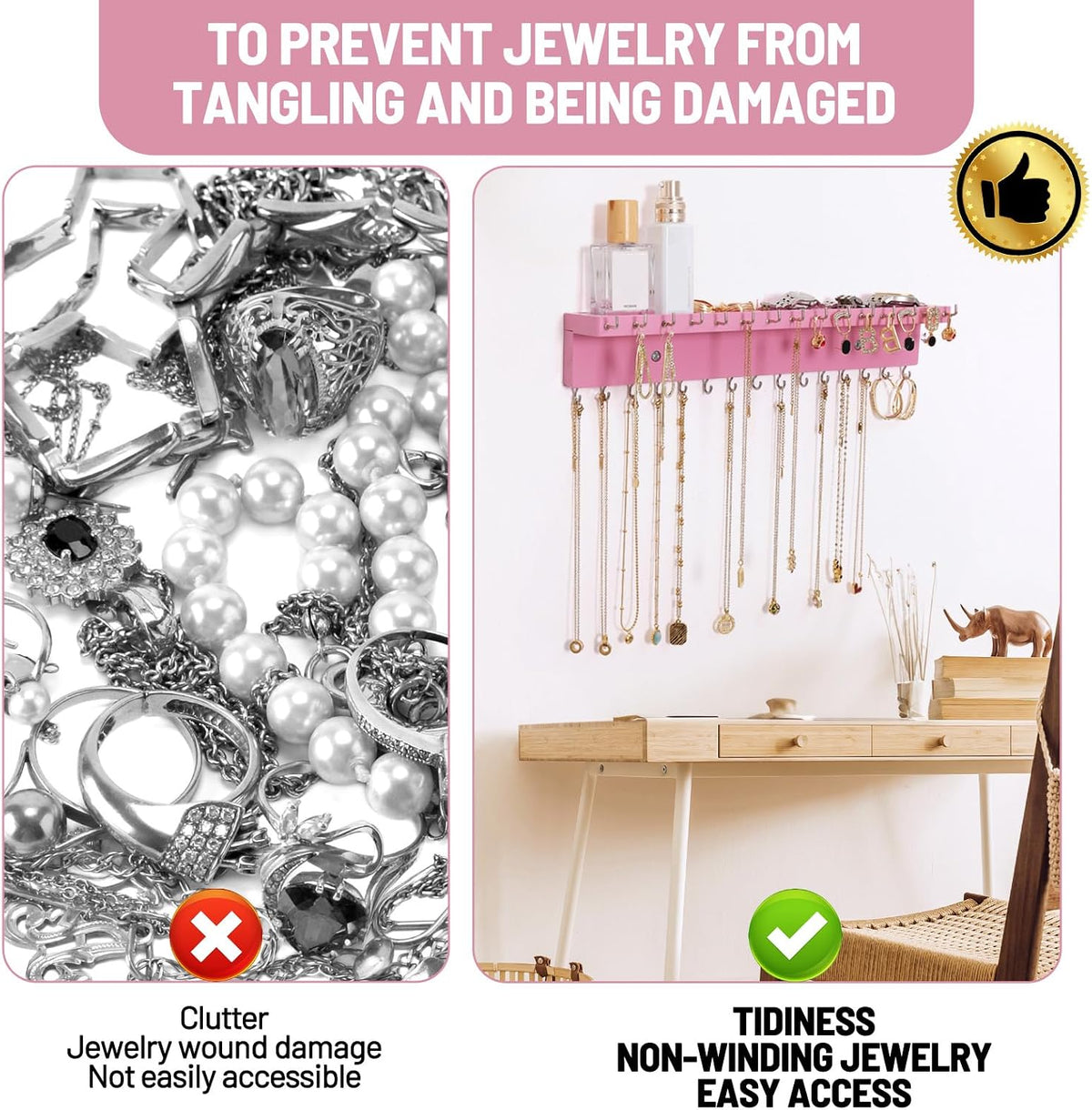 Necklace Holder Wall Mount,Jewelry Organizer with 30 Hooks,Pink