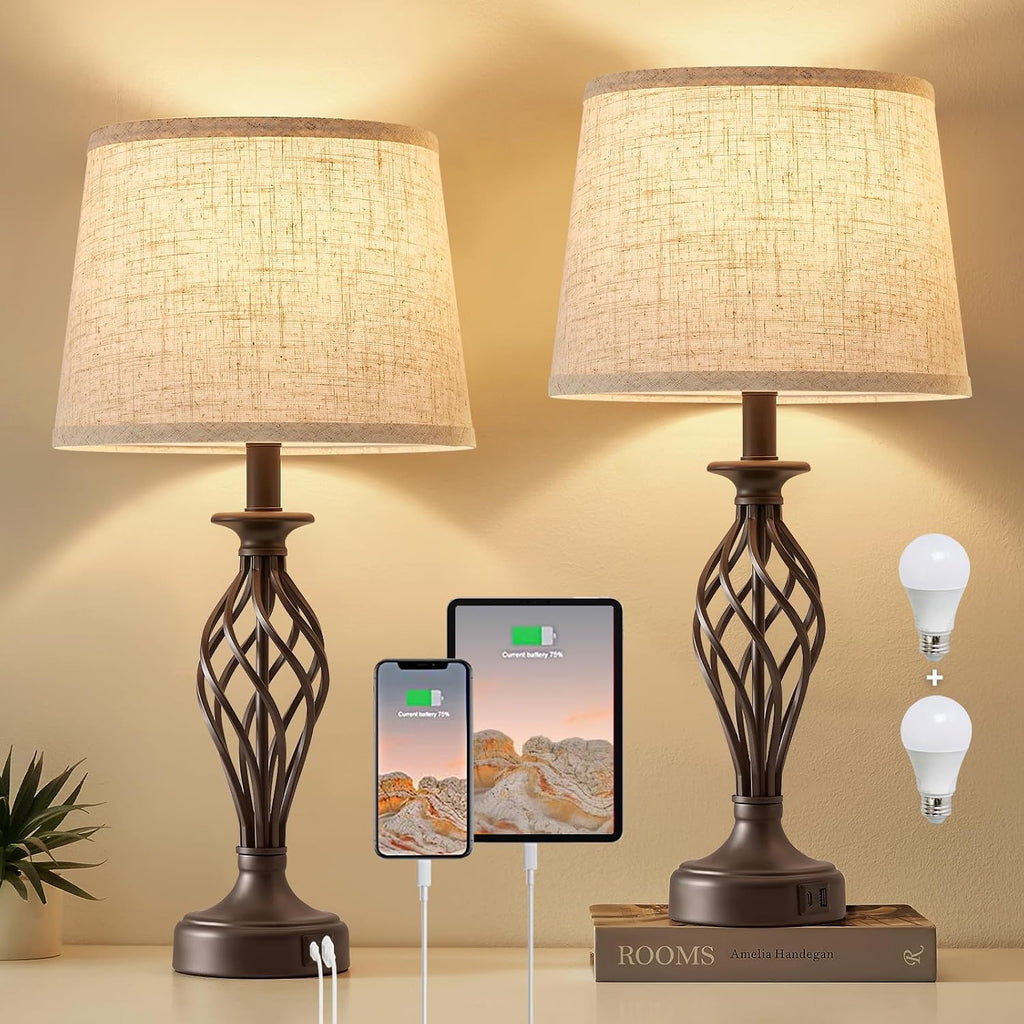 Table Lamp for Bedroom Set of 2 with USB C+A Ports,Modern Night Stand Lamp