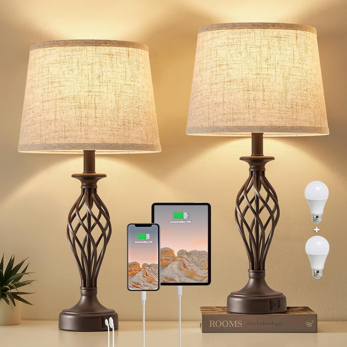 Table Lamp for Bedroom Set of 2 with USB C+A Ports,Modern Night Stand Lamp