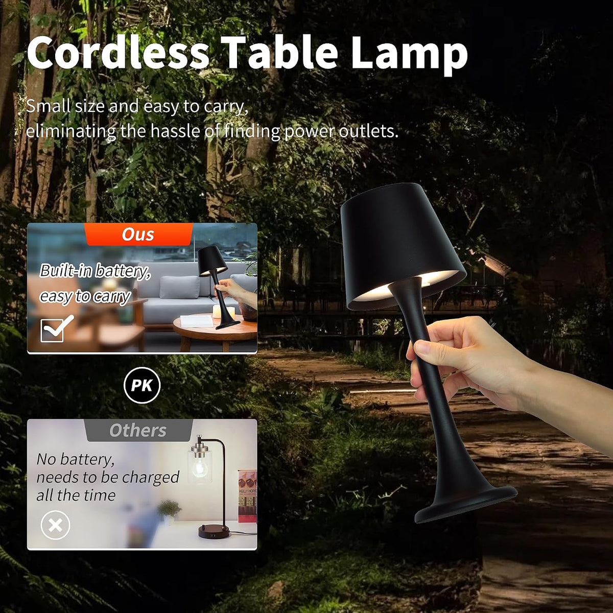 Mr. White Outdoor Waterproof Cordless Rechargeable Portable Touch Battery Operated Powered Table Lamp for Restaurant Kitchen Patio Dinner Dining (Black)