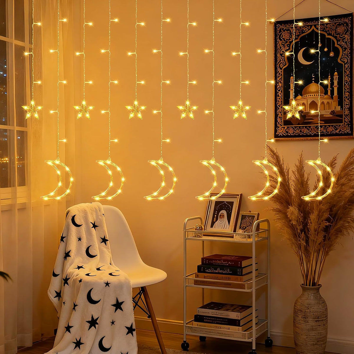 Dazzle Bright Ramadan Curtain String Lights, 138 LED Warm White Star Moon Fairy Lights 8 Lighting Modes with Remote and 12 Hooks for Bedroom Wall, Outdoor Party, Ramadan Decorations