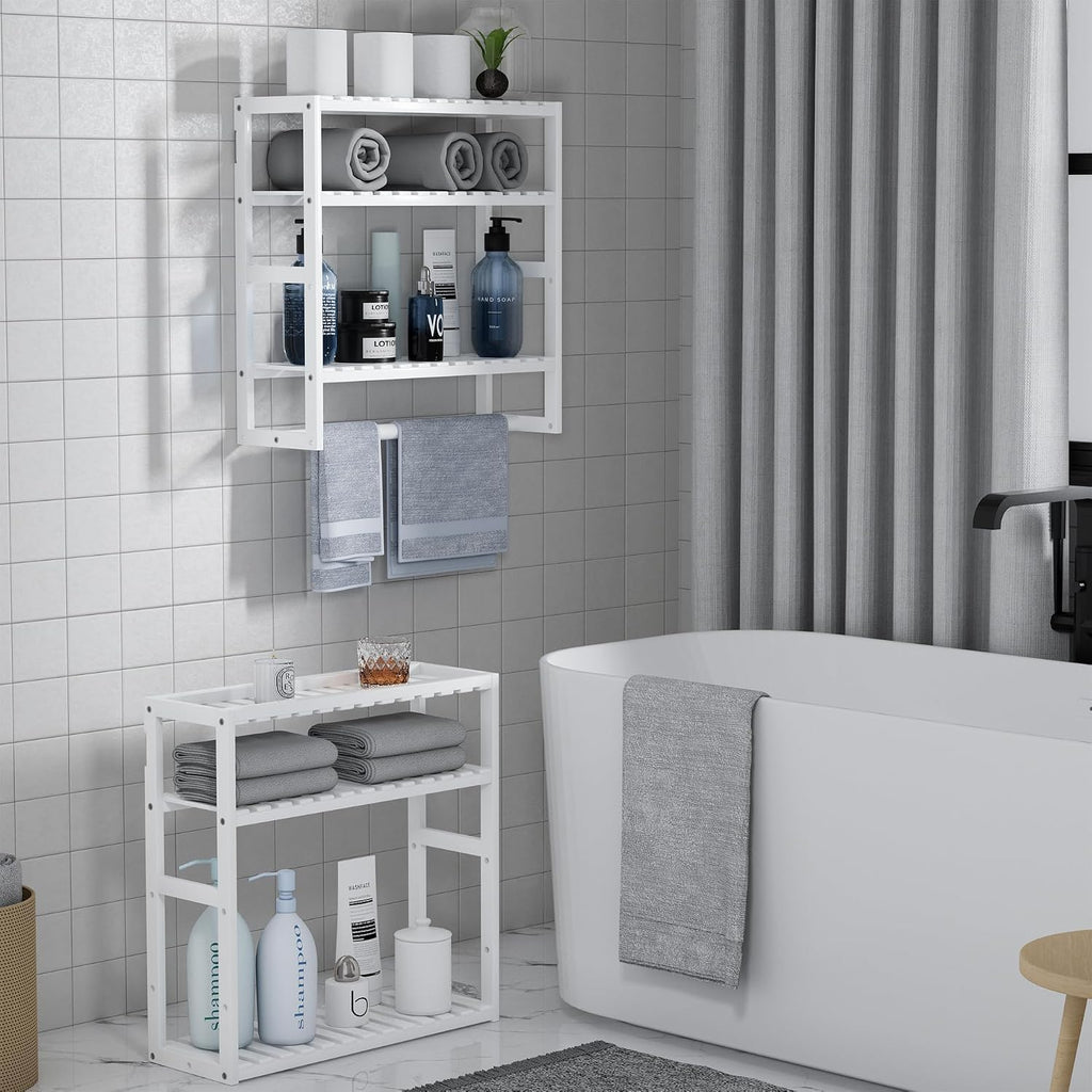 PPN 100% Bamboo Towel Rack Bathroom Storage Shelves Over Toilet Towel Bar