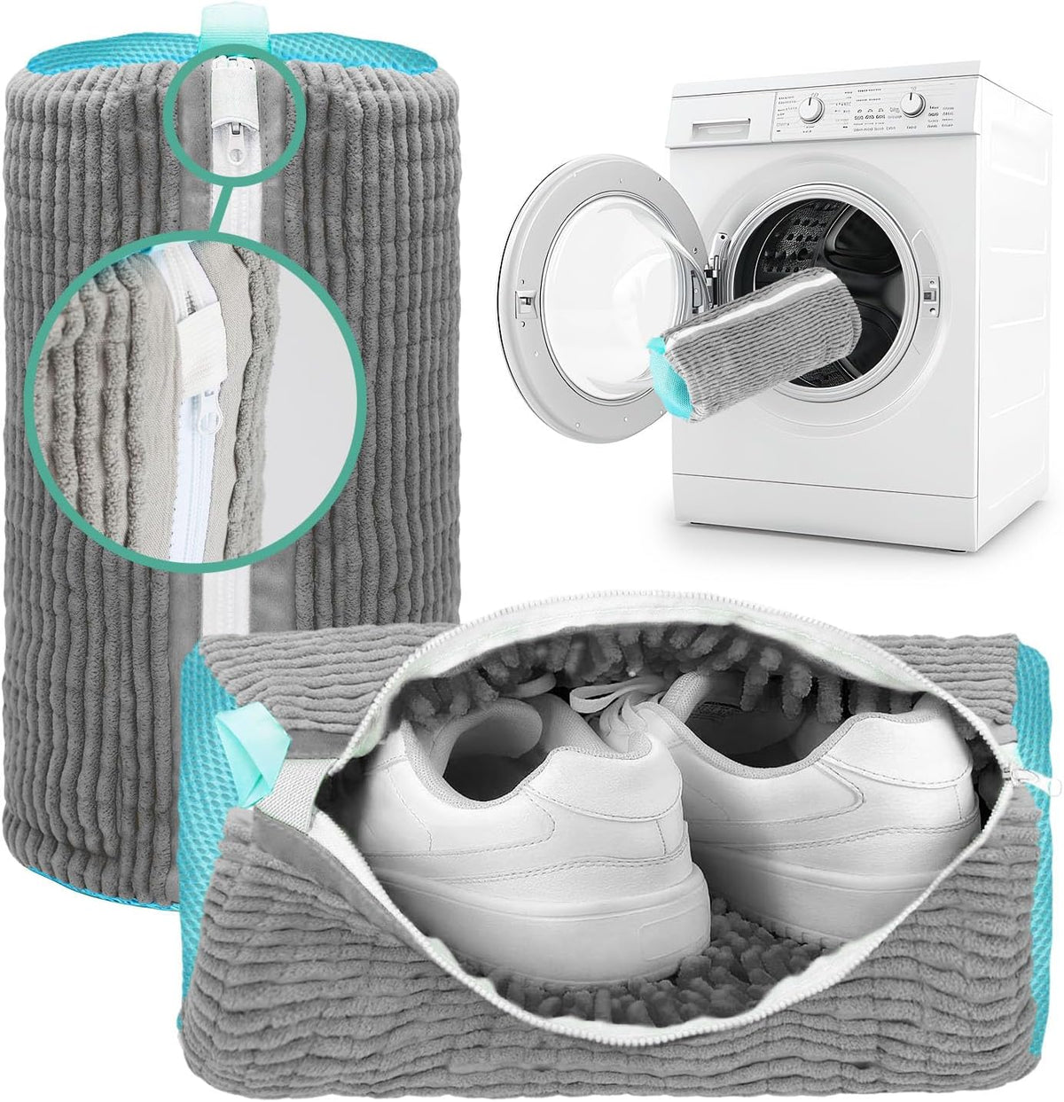 ZENO Shoe Washing Machine Bag - 2pcs - Laundry Shoe Bag for Washer and Dryer - 2pc Reusable Sneaker Cleaning Sack for All type of Tennis - Reinforced Zipper, 360° Deep Cleaning (Gray)