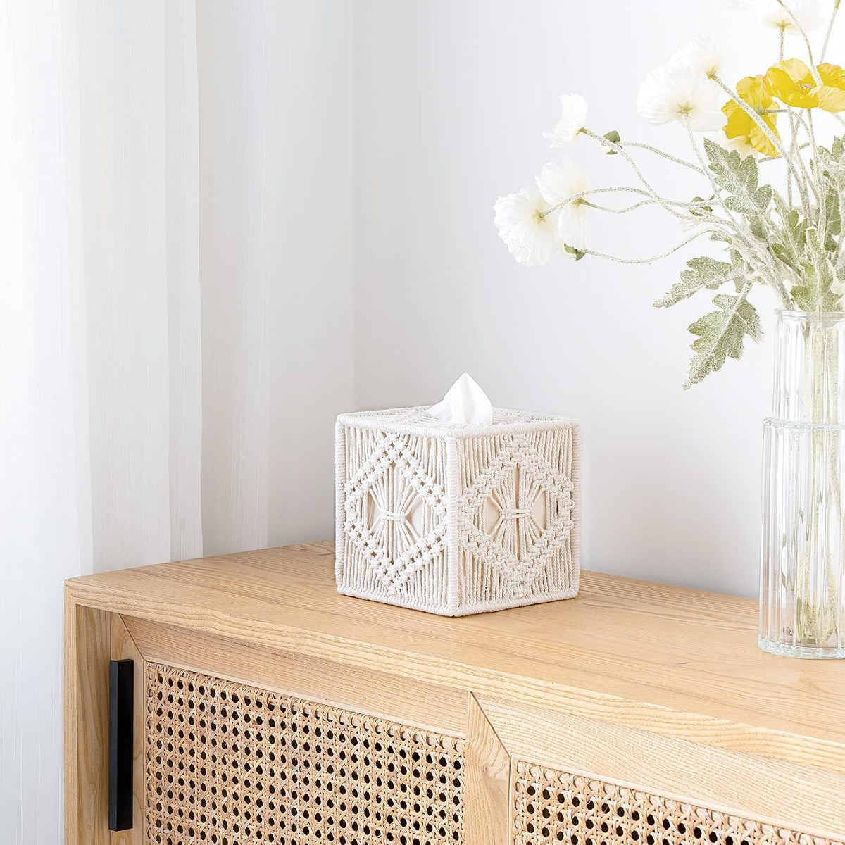 Mkono Tissue Box Cover Square, Boho Macrame Decor Open-Bottom Holder, Ivory