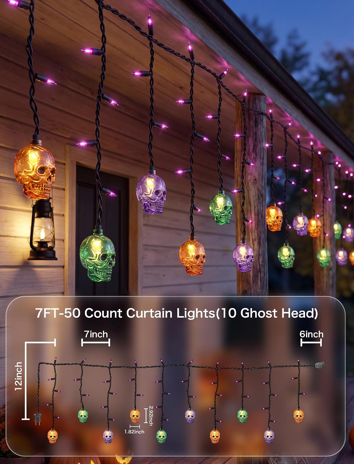 SUNSGNE 7FT 50 Count LED Halloween Skull Curtain Lights, Plug-in