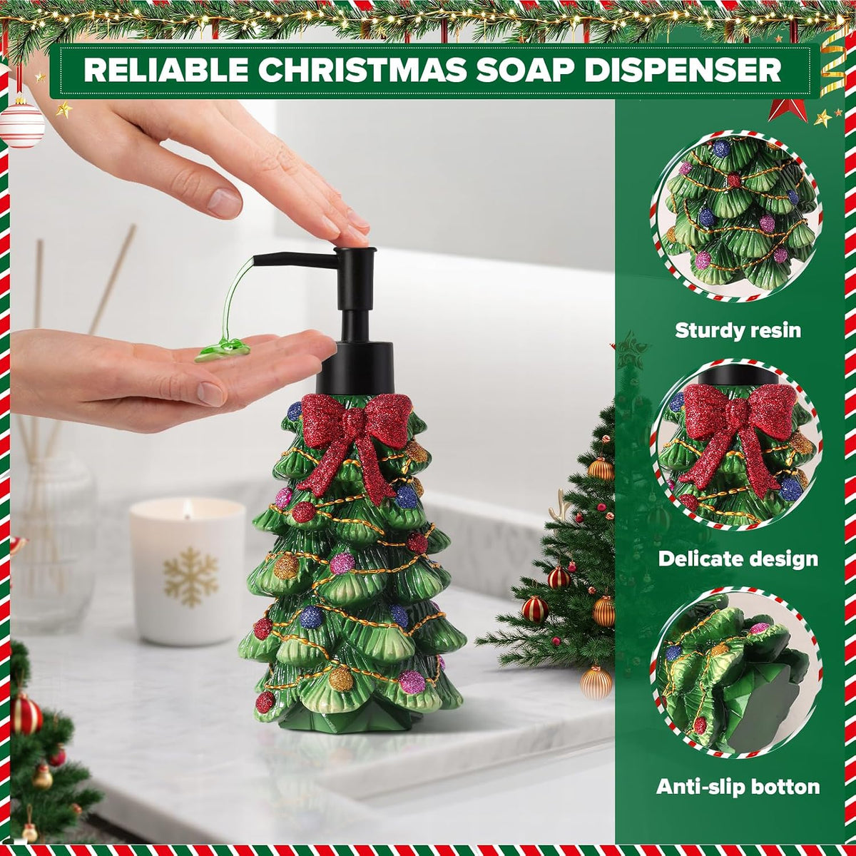 Christmas Soap Dispenser, Xmas Festive Tree Hand Soap Dispenser, 10.7 fl oz Resin Dish Soap Bottle, Christmas Decorations for Bathroom/Kitchen, Cute and Funny Gifts for Women/Mom