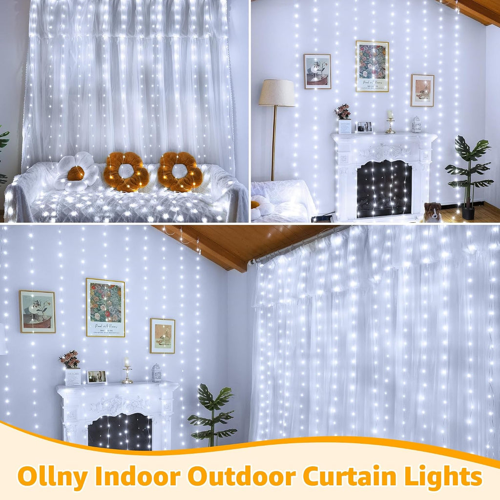 Ollny Curtain Lights 300LED 9.8ftx9.8ft, Connectable IP67 Waterproof