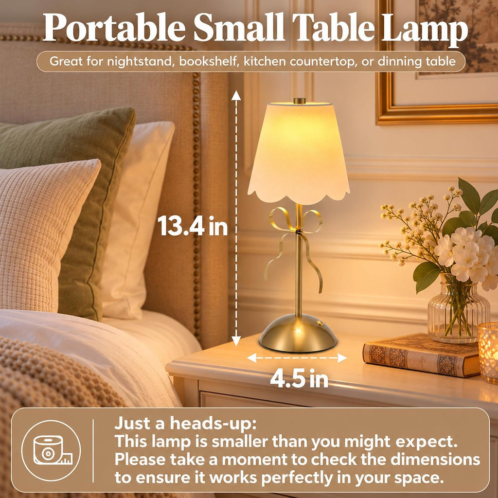 Cordless Small Table Lamp,Cute LED Desk Lamp,Gold Bow Lamp